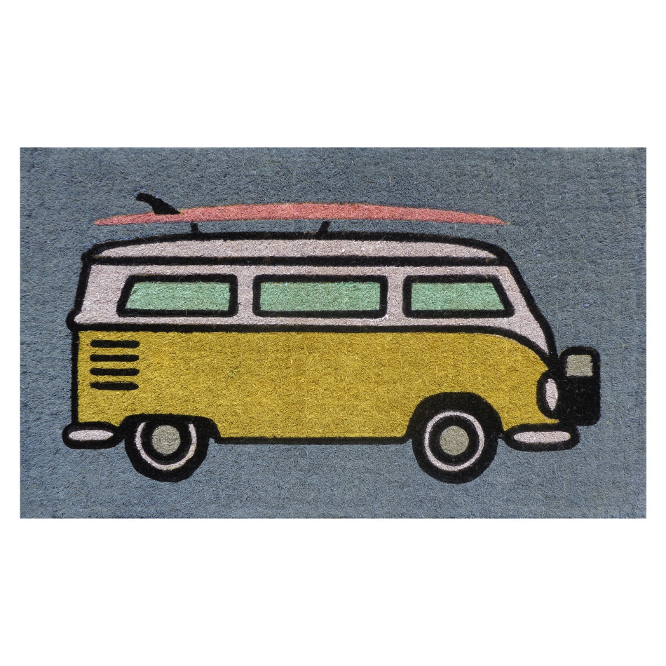 Natural coir doormat with a printed yellow Kombi van design